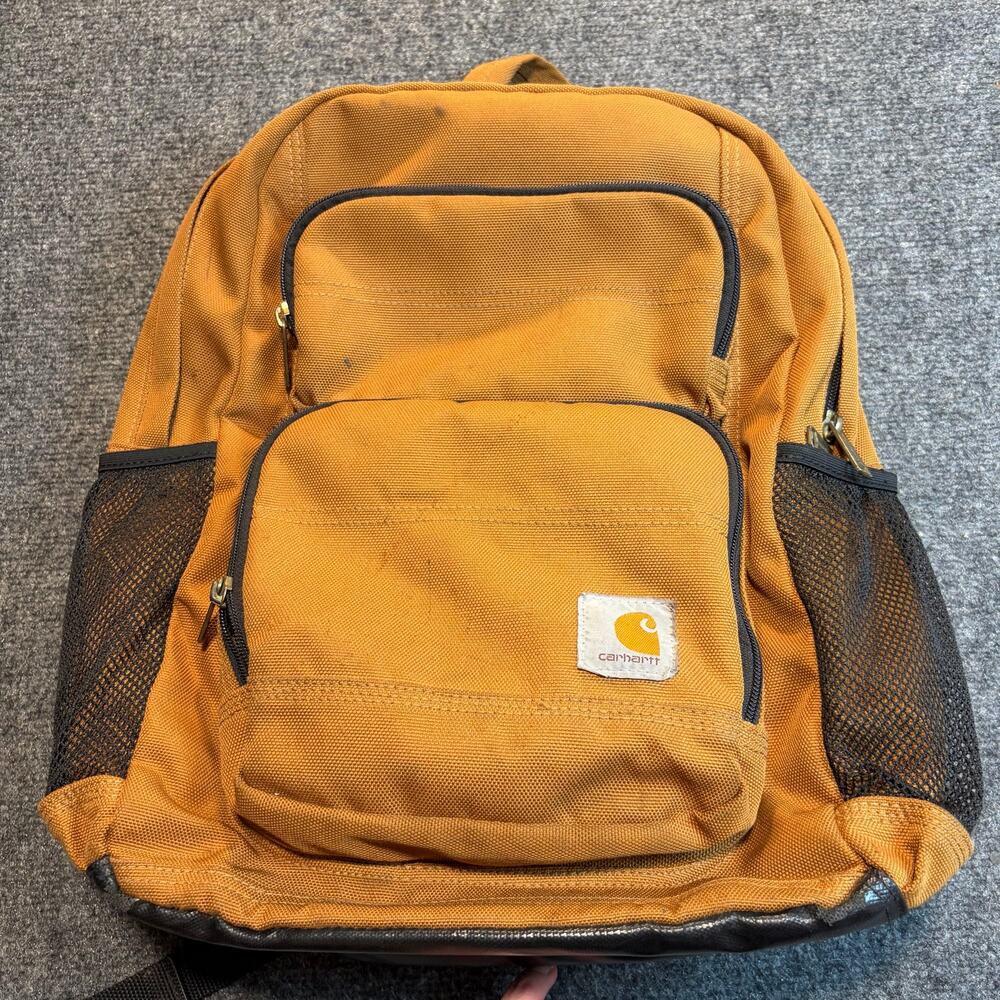Carhartt Brown Canvas Work Backpack Laptop Bag Rain Defender Mesh Pockets OSFA